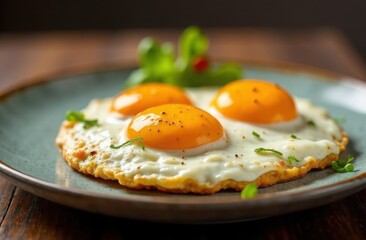 Fried eggs on a plate, tasty traditional breakfast serving