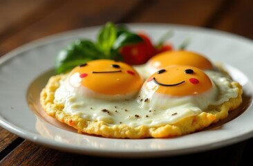 Fried eggs on a white plate, tasty traditional breakfast serving