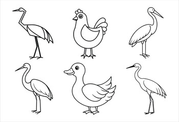 A set of six bird vector line art designs. Simple collection. Isolated bundle on white background.