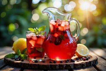 A refreshing beverage setup featuring a pitcher and glass filled with a vibrant red drink garnished with ice cubes, lemon slices, and fresh mint leaves, set on a rustic wooden