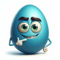 A cute blue egg character displays a lively expression, complete with large green eyes and exaggerated facial features