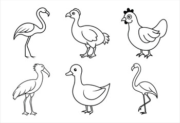 A set of six bird vector line art designs. Simple collection. Isolated bundle on white background.