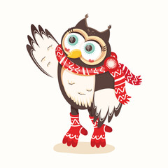 Cute owl in a Christmas scarf and Christmas socks. Vector. New Year's Winter Owl.