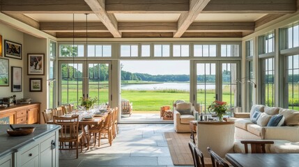 Lakefront home interior, open-plan living, sunlit, scenic view, tranquil