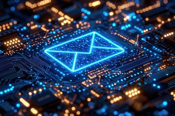 Obraz premium Glowing digital mail icon on circuit board with blue and orange light effects