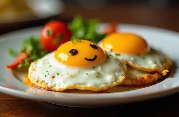 Fried eggs on a white plate, tasty traditional breakfast serving