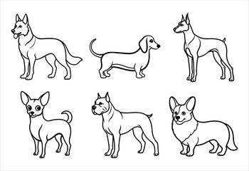 A set of six dogs vector line art designs. Simple collection. Isolated bundle on white background.