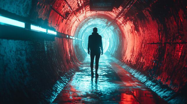 Silhouette of a person walking through a futuristic tunnel with neon red and blue lighting, creating a sci-fi and cyberpunk atmosphere