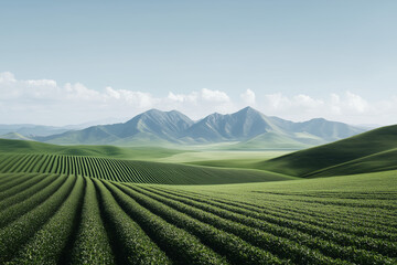 Rolling Green Fields: Vast, undulating fields of lush green crops stretch towards the horizon, meeting a range of majestic mountains under a clear, blue sky.