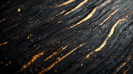 Close-up of textured black surface with golden streaks and specks, resembling a natural landscape