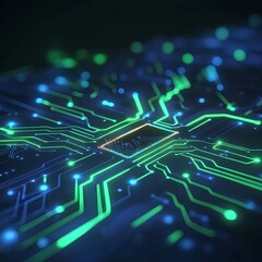 3D Rendering of Glossy Circuit Board with Abstract Technological Symbols