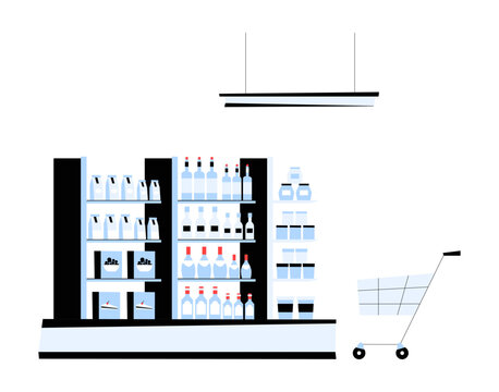 Supermarket Shelves With Bottled Beverages And Shopping Cart In Flat Vector Illustration Symbolizing Retail, Shopping, And Consumer Goods, Isolated On White Background