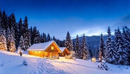 Fototapeta premium covered winter wonderland with twinkling lights and cozy cabins 