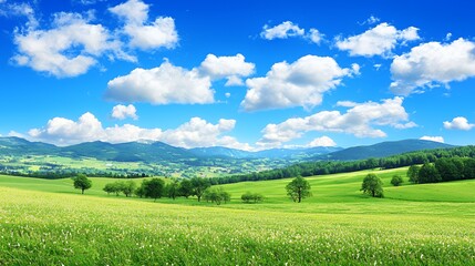 Obraz premium Bright Sunny Day in Lush Green Field with Rolling Hills and Blue Sky