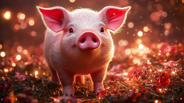 a cute pig on a bokeh background footage