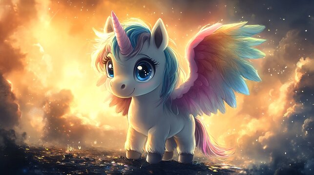 A kawaii pegasus with pastel rainbow mane and sparkling eyes