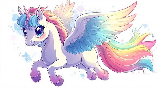 A kawaii pegasus with pastel rainbow mane and sparkling eyes