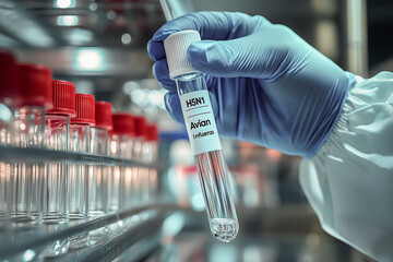 Close-up of a health worker's hand holding a test tube with a medical drug and the inscription on the tube "H5N1 Avian Influenza".