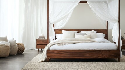 Modern four-poster bed, bedroom, sunlight, minimalist decor, interior design
