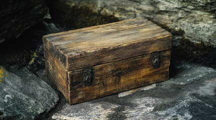 Obraz premium Rustic wooden box outdoors, mossy stones background, treasure hunt concept
