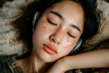 A serene young woman with freckles relaxes with closed eyes, enjoying music through headphones, embodying tranquility and peace.
