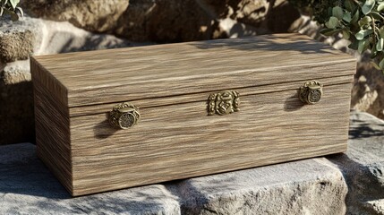Rustic wooden box outdoors, stone background, gift packaging