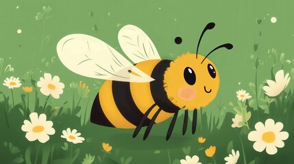 A vibrant bee buzzes over a colorful flower field, its yellow-striped body gleaming. With delicate wings poised for flight, it explores blooms under a sunny sky