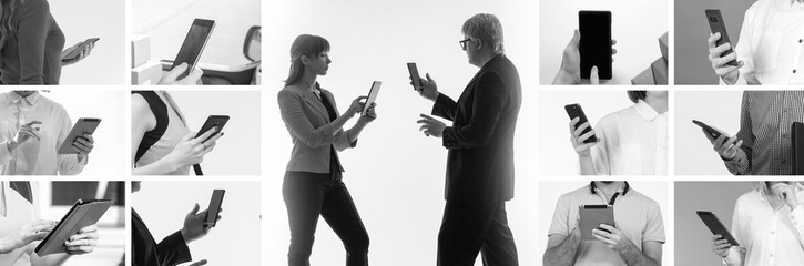 Business people with gadgets. Man and woman with mobile phones. Smartphones or tablet computers in hands. People in business attire use devices. Businesspeople with gadgets on light background