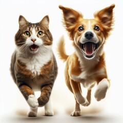 Obraz premium cat and dog running side by side, both facing the viewer