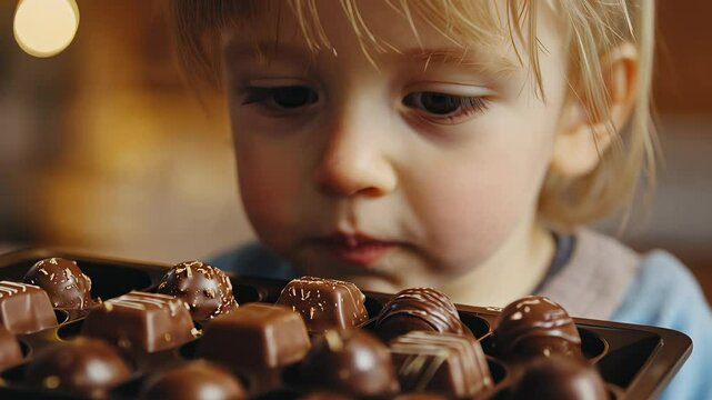 Young child enjoys delicious chocolates during a family gathering in a cozy kitchen setting