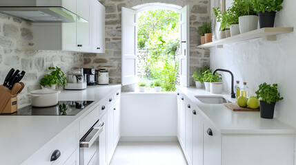 Modern white kitchen, stone wall, garden view, cooking