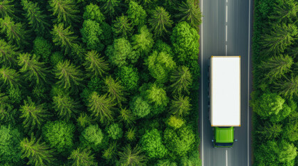 Cargo Truck on a Winding Road Through a Lush Green Forest With Empty Space for Branding