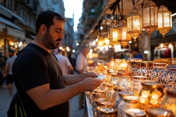 A man browses a radiant array of colorful lamps at a bustling marketplace, embodying the joy of shopping and the cultural richness found in local markets filled with artisanal goods.