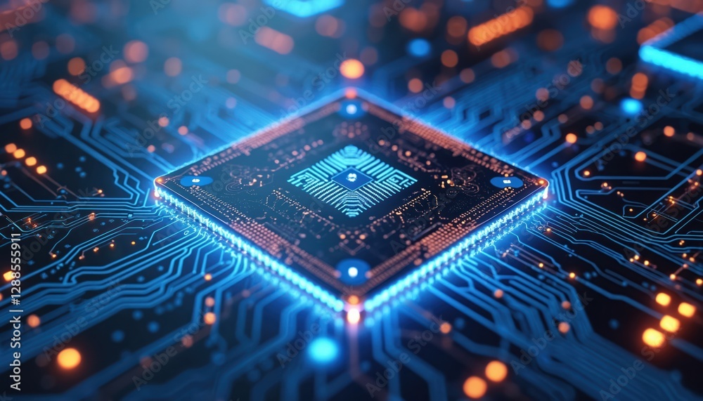 Fototapete Futuristic microchip blueprint design with illuminated circuit lines. Complex computer motherboard texture concept with integrated engineering components, data connections. Perfect for tech industry