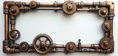 Steampunk frame with cogwheel mechanism tech border. Vintage style cog, gear design on metal pipes. Empty white space in center. Decorative mechanical machine part construction with copy space.