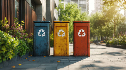 Three Separated Recycling Bins for Plastic, Glass, and Paper in a Modern Urban Park Setting