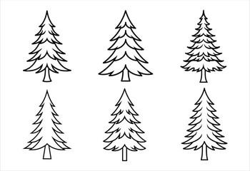 A set of six pine tree vector line art designs. Simple collection. Isolated bundle on white background.