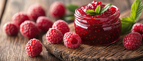 Vibrant Raspberry Jam Nestled Among Fresh Raspberries on a Rustic Wooden Surface