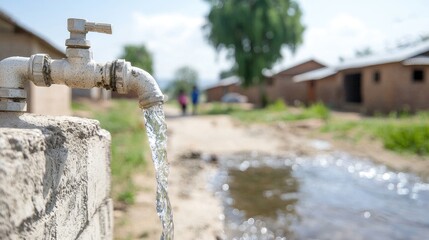Fototapeta premium Rural water tap flowing, village background, accessible water, community development