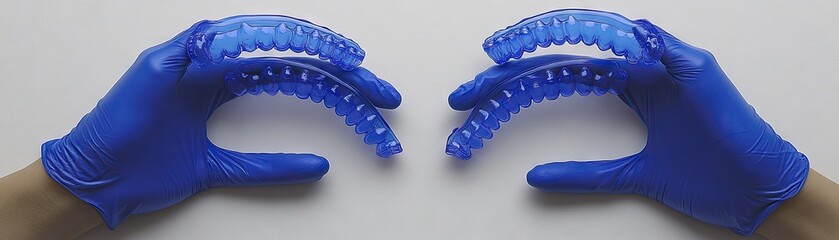 Gloved hands hold dental aligners; white background. Orthodontic treatment