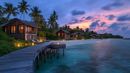 Obraz premium Tropical beach huts at sunset