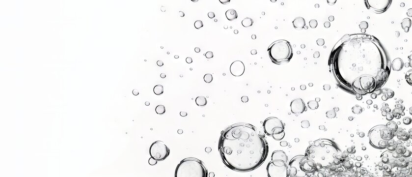 Varying water bubbles with micro droplets against minimalist white background