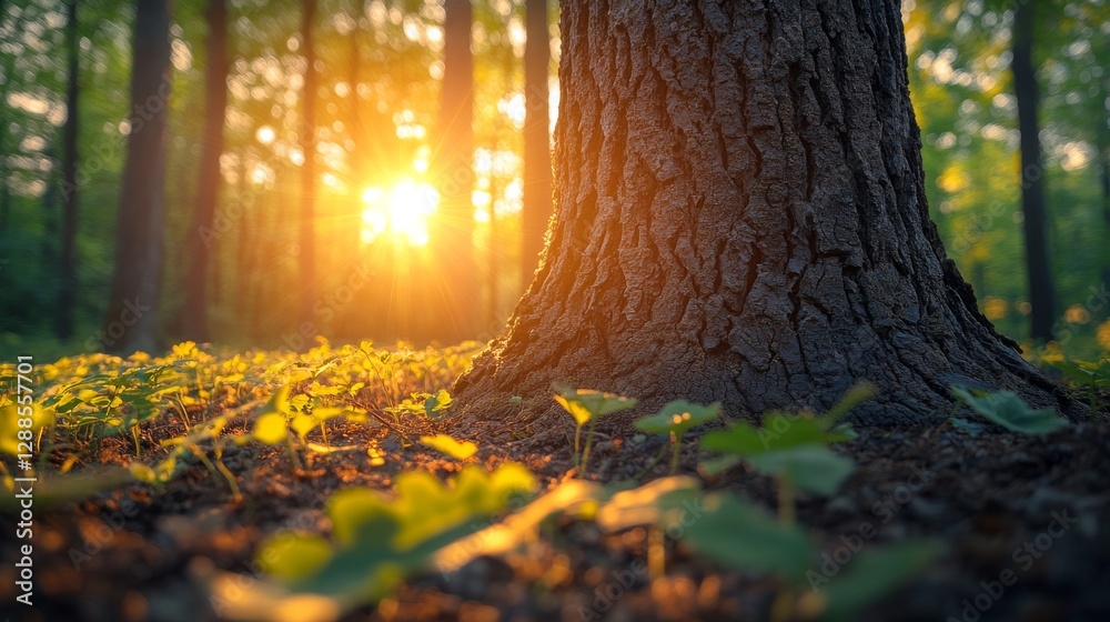 Poster Sunlight streaming through forest trees with a close up of tree trunk, vibrant foliage on forest floor. Nature serenity and tranquility concept