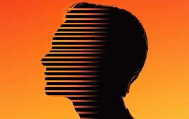 Surreal orange portrait with a striped silhouette effect, unique and artistic.
