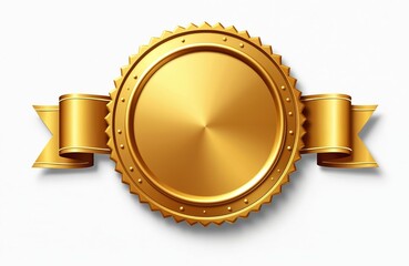 Isolated shiny golden seal with ribbon on white background. Round badge die-cut sticker. Empty metal emblem for sport competition, business choice, luxury certificate template. Success achievement.