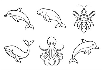 A set of six sea animal vector line art designs. Simple collection. Isolated bundle on white background.
