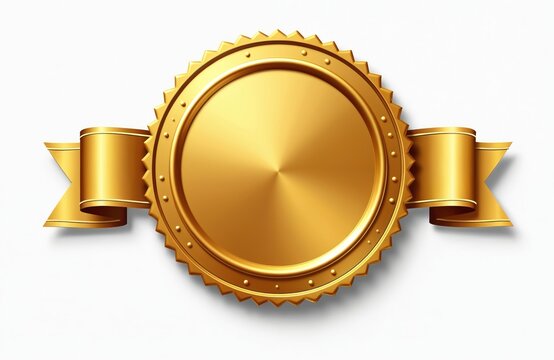 Isolated shiny golden seal with ribbon on white background. Round badge die-cut sticker. Empty metal emblem for sport competition, business choice, luxury certificate template. Success achievement.