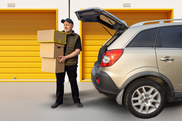 Man with boxes near storage unit. Warehouse owner takes packages out car. Man brought boxes to...