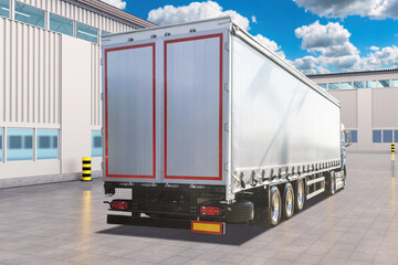 Truck parked near warehouse buildings. Cargo van on territory industrial enterprise. Storage hangars behind truck. Lorry with white container under blue sky. Truck for delivering goods to warehouse