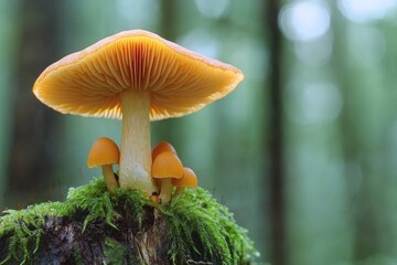 Mushrooms growing on mossy stump, soft forest background, focused nature image